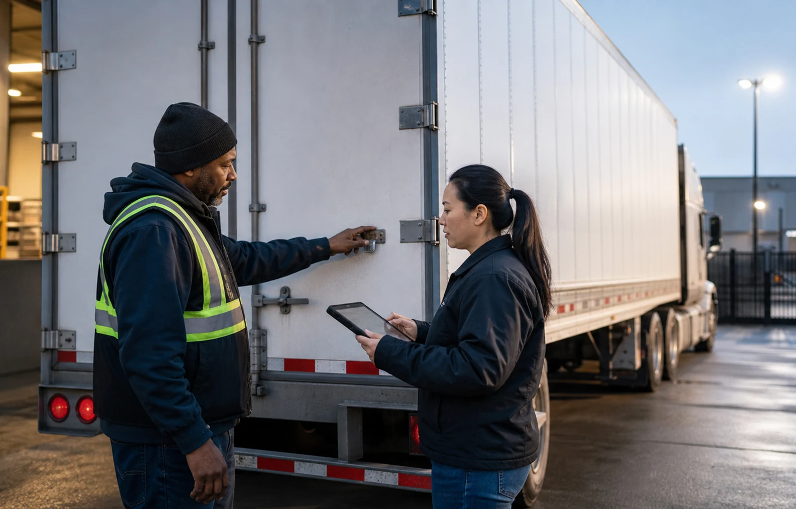 A truck driver and shipping coordinator verify a trailer handoff together at a distribution center.