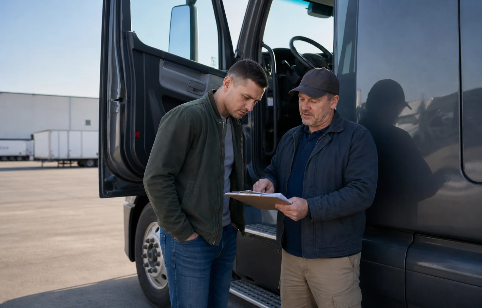 A veteran job candidate and fleet trainer review an orientation checklist beside an open tractor cab in a carrier yard.